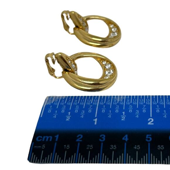 Swarovski Swan Logo Crystal & Gold Tone Dangle Hoop Clip Earrings Minimalist - Picture 16 of 16